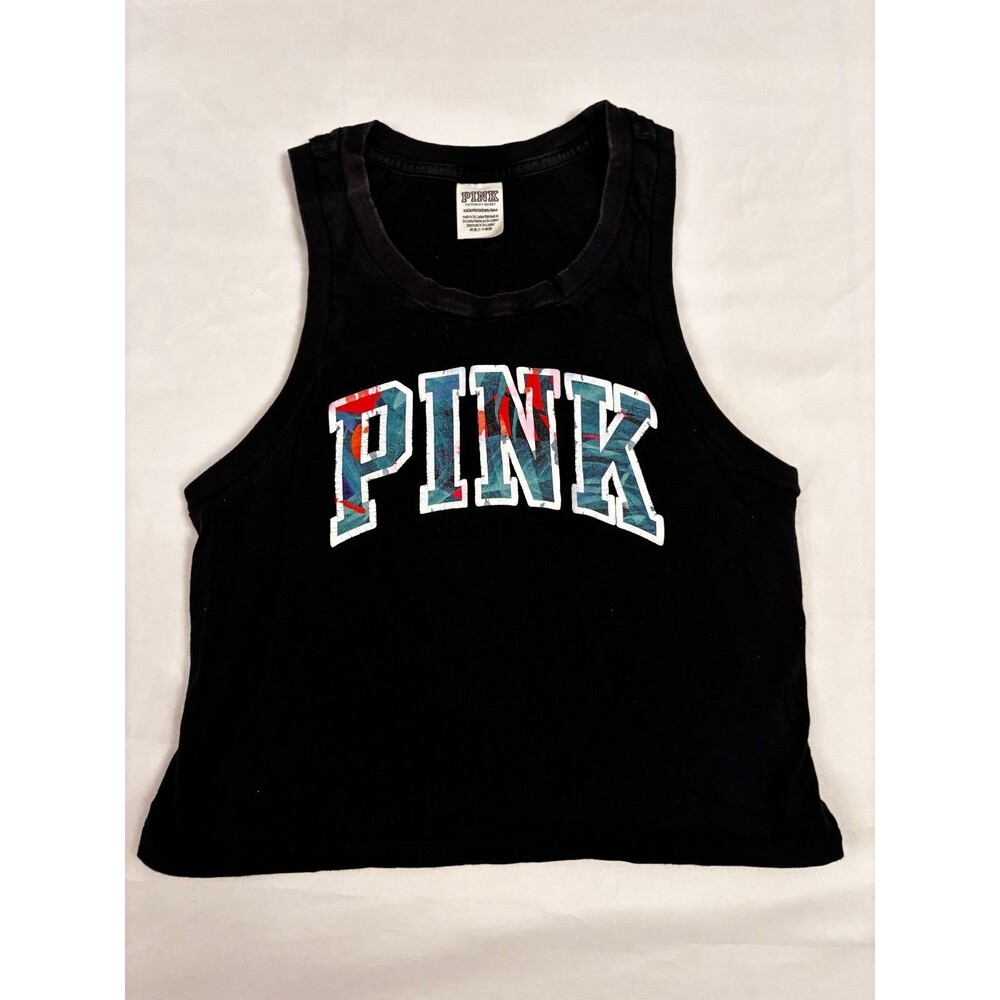 Victoria’s Secret PINK Women’s Cropped Tank Top Black XS Graphic Logo Cotton